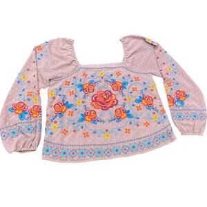 Peasant Embroidered Savanna Jane Bohemian Boho Gauzy Rose Floral Prairie Puff S